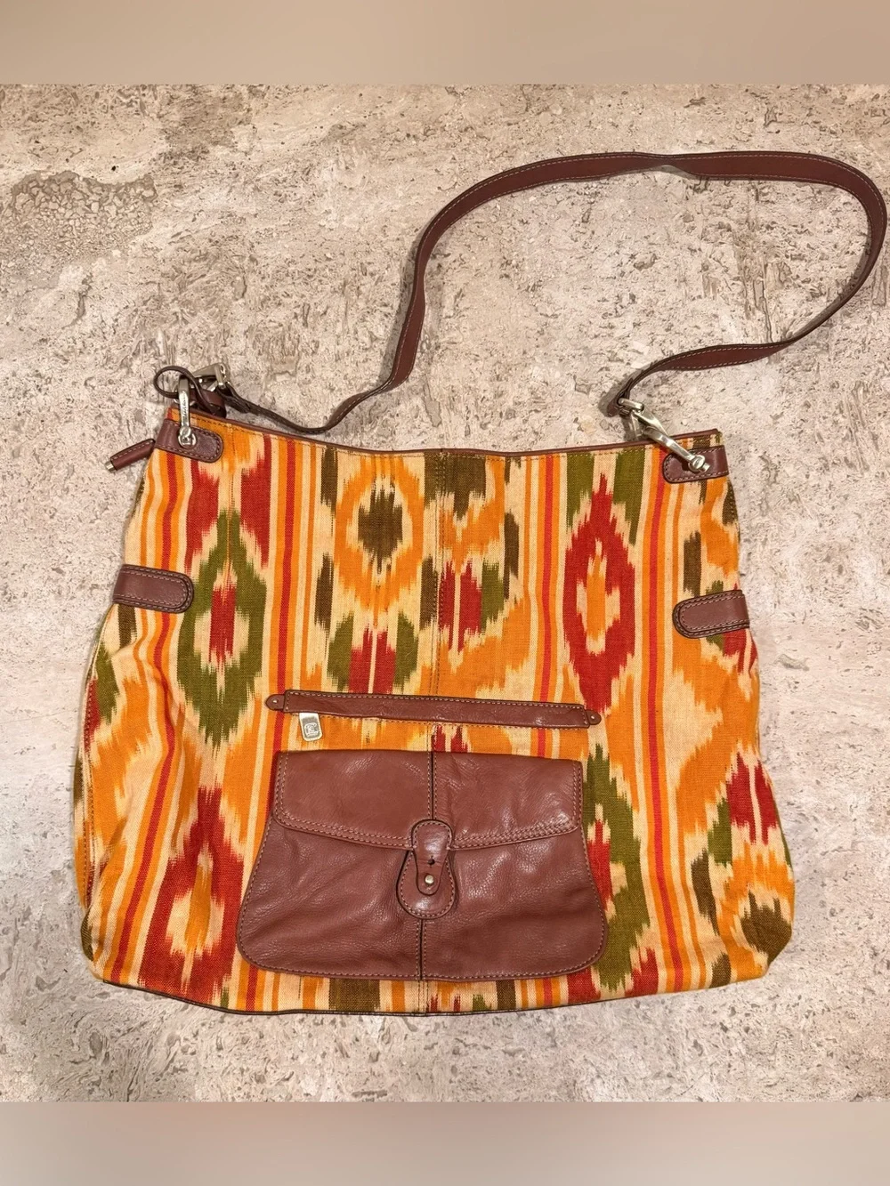 LIZ CLAIBORNE Leather-Trim Orange Ikat Shoulder Bag